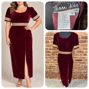 Vanna White Gorgeous! Burgundy Gold Velvet Maxi Dress 14 Formal 90’s HOCO Slit
